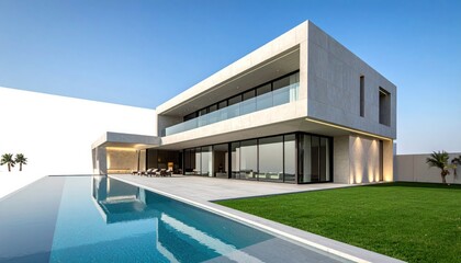 Fototapeta premium Modern Luxury Home with Pool: A stunning, contemporary home showcases architectural elegance, featuring a pristine pool and manicured lawns. A perfect blend of modern design and luxurious living.