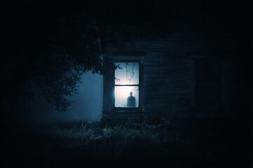 Haunted house with mysterious shadow silhouette in the window