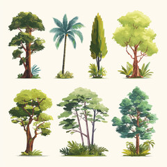Set of tropical trees, simple and flat vector illustration, white background