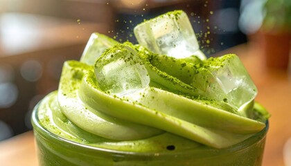 Iced Matcha Delight: A refreshing matcha beverage features a creamy swirl, sparkling ice cubes, and a dusting of matcha powder, evoking a sense of pure refreshment and taste.