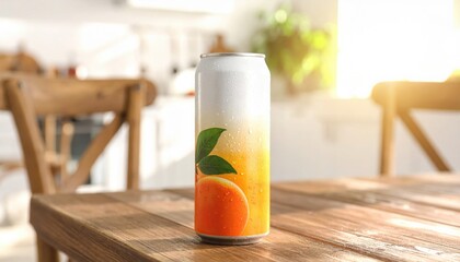 Citrus Bliss in a Can: A vibrant aluminum can of citrus beverage sits invitingly on a rustic wooden table, showcasing the refreshing drink with leaves design.