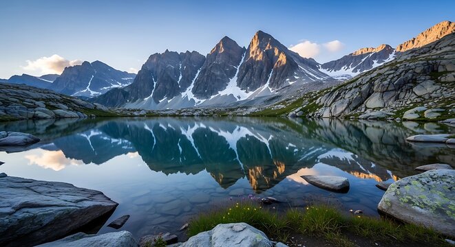 Alpine Lake Reflecting Jagged Mountain Peaks at Sunrise - Powered by Adobe