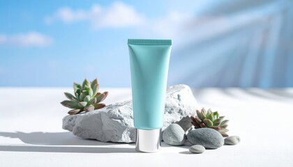Cosmetic tube on Stone: A sleek, pastel cosmetic tube is presented on a rough, textured stone, nestled among small succulents and polished pebbles against a soft, summery backdrop.