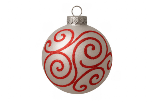 Silver christmas bauble with red swirl decoration