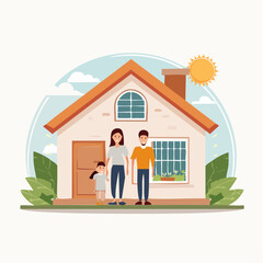 Cartoon family standing in front of a house with a sun in the sky.