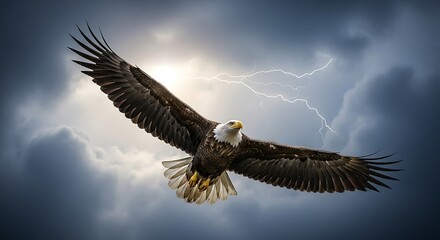 Obraz premium Bald Eagle Flying Through Stormy Sky with Lightning