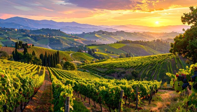 Panoramic vineyard landscape at sunrise