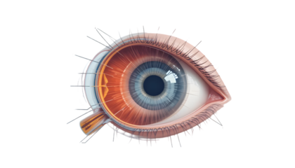 Anatomical illustration of a human eye, showing internal structures like the iris, pupil, and lens, isolated on transparent background