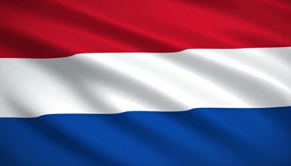 Fototapeta premium National flag of the Netherlands with three horizontal bands—red on top, white in the middle, and blue on the bottom—waving slightly against plain background.