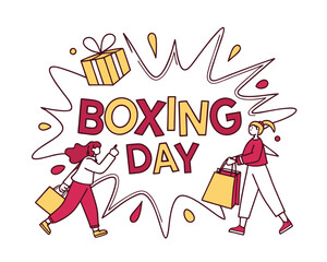 Exciting Boxing Day Shopping Adventure with Colorful Graphics and Cheerful Shoppers Celebrating Post Christmas Savings and Discounts