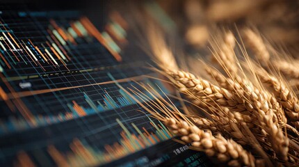 Golden wheat stalks elegantly frame a digital market analysis chart, illustrating the dynamic relationship between agriculture and market trends - Powered by Adobe