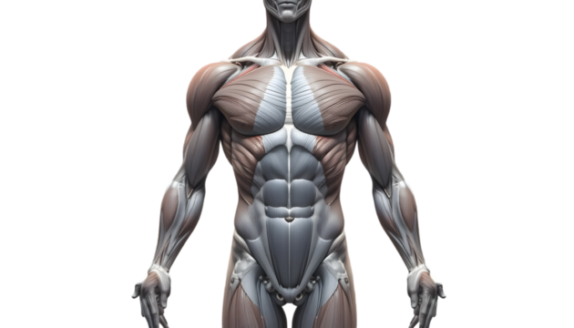 Anatomical illustration of the musculature of the human torso and shoulders, emphasizing muscle definition and form, isolated on transparent background