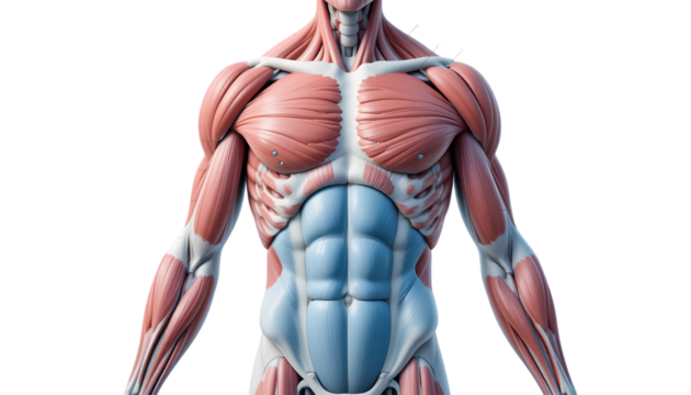 Anatomical illustration of the human chest and abdominal musculature, highlighting the pectoral and abdominal muscles, isolated on transparent background