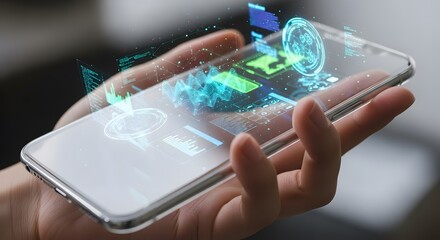 Hand holding a smartphone displaying futuristic holographic interface technology concept art