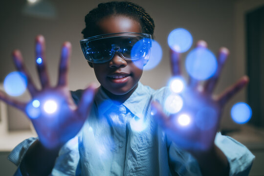 Girl using VR headset & AI technology in smart classroom. Artificial intelligence, machine learning, virtual reality in education. Interactive learning, innovation, digital tools, futuristic school