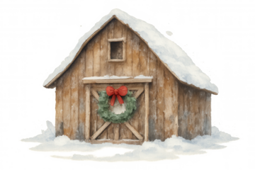 Rustic barn watercolor illustration with snow and christmas wreath, holiday season element, transparent background