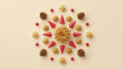 Holiday decoration and festive symmetry concept, flat lay banner with golden pine cones, red cones, stars  background christmas decoration, winter holidays, seasonal design, festive background