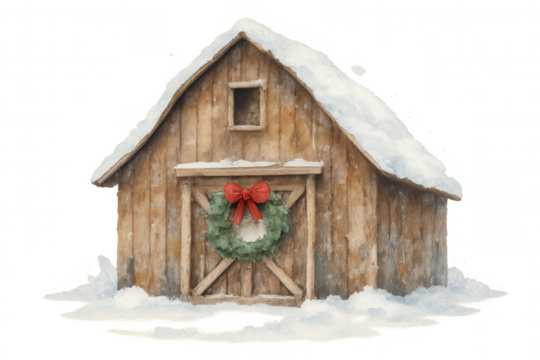 Rustic barn watercolor illustration with snow and christmas wreath, holiday season element, transparent background
