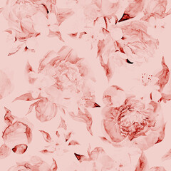 Seamless watercolor pattern with delicate peonies in monochrome shades for textiles and surface design