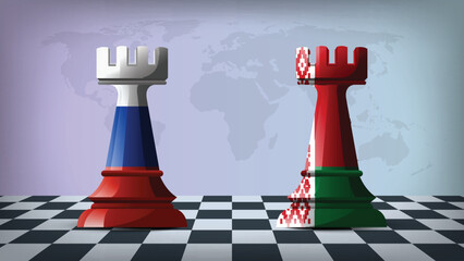 Two Standing Rooks Representing Russia vs Belarus with Flags on Bodies and World Map in Background © Model it