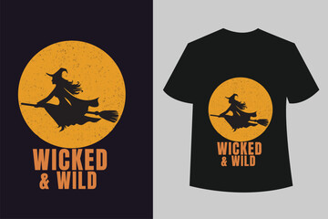 Wicked witch flying silhouette on broomstick sunset halloween t-shirt design