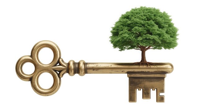 Golden antique key with a vibrant green tree growing from its shaft symbolizing growth and opportunity