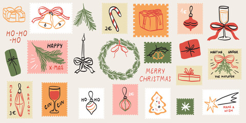 Winter vacation hand drawn post stamps in doodle sketch style. Christmas or new year holidays elements for poster, placard or postcard prints. Xmas vector illustrations for mail, letters and scrapbook