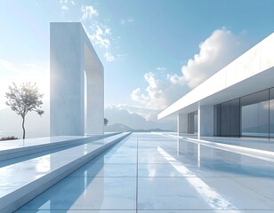 Modern architectural exterior, white stone, patio