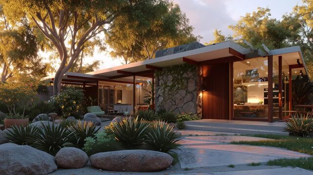 mid century modern home - drone camera -midmod house exterior with stone, wood and glass windows. Mcm period furniture inside. Beautiful atomic ranch home exterior. Establishing shot, horizontal dolly