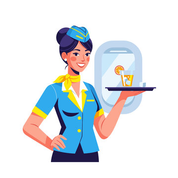 Professional smiling female flight attendant in blue and yellow uniform holding a beverage tray.