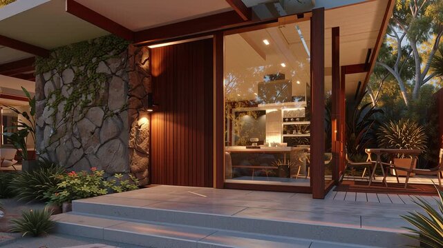 mid century modern home - drone fly zoom in -midmod home exterior with stone, wood and glass windows. Mcm period furniture inside. Beautiful atomic ranch home exterior. Establishing shot.