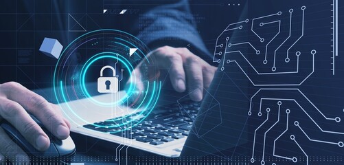 Cyber security concept, businessman with protecting transactions.