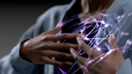A figure interacts with glowing light trails circling their chest, depicting the journey of self-exploration, emotional depth, and the beauty of human connections.