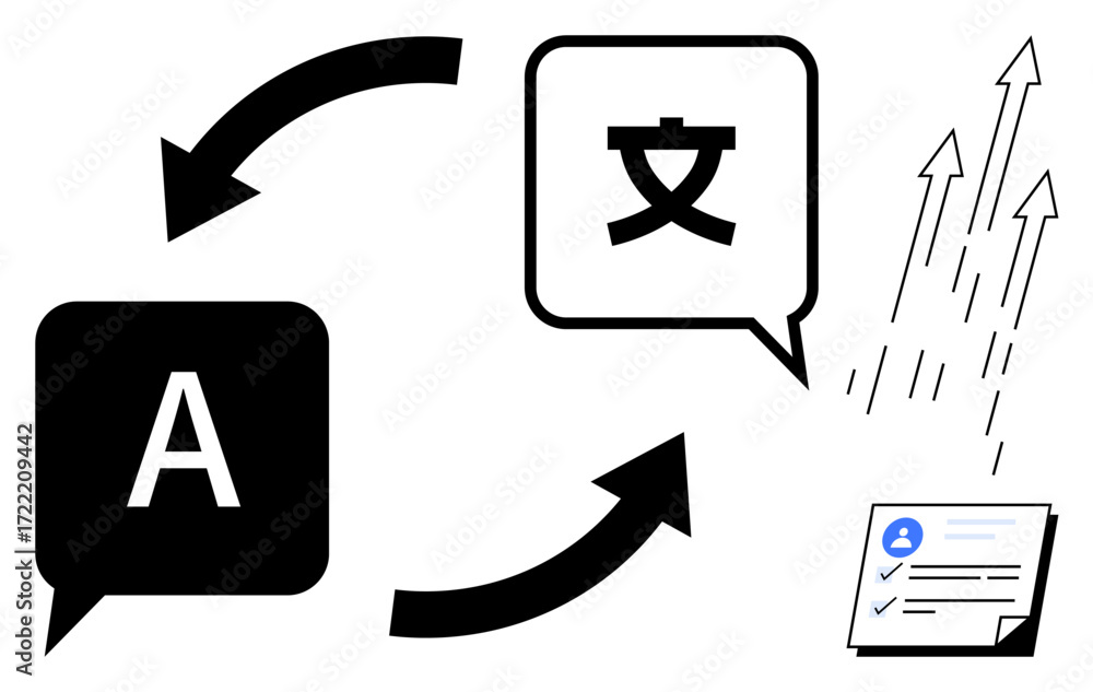 Poster speech bubbles with letters and symbols connected by arrows, pointing towards document and upward ar