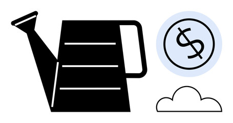 Watering can pouring growth symbol next to dollar coin and cloud. Ideal for investment, savings, growth, sustainability, gardening, financial planning, and economic success concepts. Simple flat