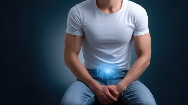 Hidden torment: individual suffers from prostatic enlargement, genital infection, urinary discomfort, bacterial invasion, persistent pain, internal tension, medical complication, silent struggle