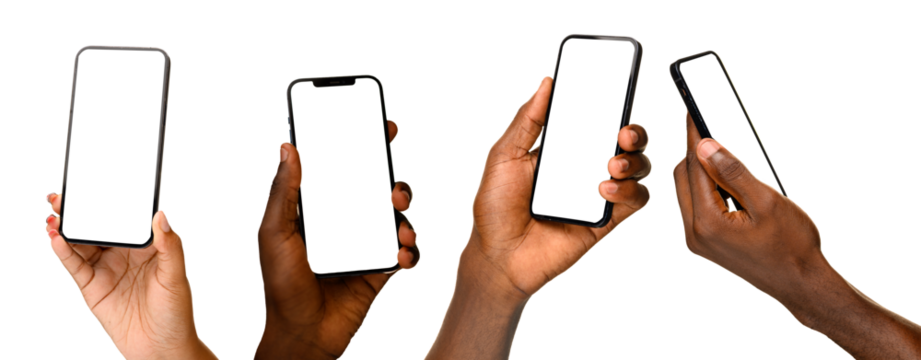 Four hands holding modern smartphones with blank white screens, isolated on a transparent background.