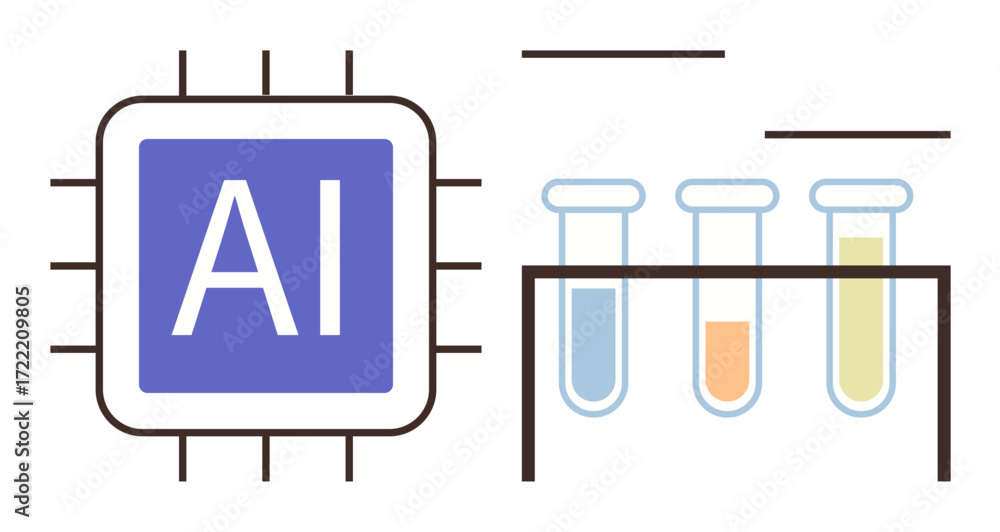 Aufkleber microchip labeled ai next to three test tubes in varying colors on a rack, combining technology and 