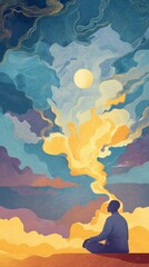 Spiritual awakening and self-awareness concept, abstract vertical illustration of a man meditating with glowing energy rising toward moonlit sky Concept: spirituality, meditation, inner peace, self