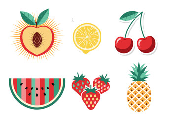 Retro Fruit Vector Set – Flat Icons of Peach, Lemon, Cherries, Watermelon, Strawberry, and Pineapple in Vintage Mid-Century Style with Pastel Textures