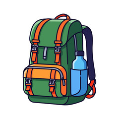 A vibrant green and orange cartoon hiking backpack with multiple straps buckles and a blue water bottle in the side pocket.