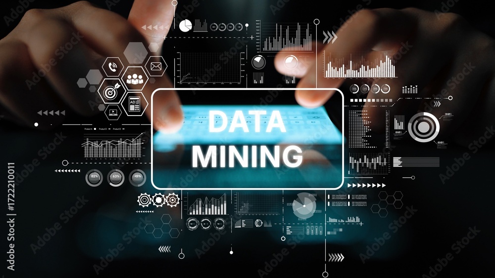Leinwandbilder data mining concept with hands typing on digital tablet surrounded by graphs and analytical icons. a