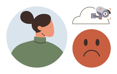 Woman glancing backward, security camera in cloud corner, sad face symbolizing surveillance anxiety. Ideal for privacy, monitoring, technology ethics, personal security, sadness, compliance