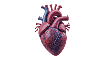 Realistic 3d rendering of a human heart, showing arteries and veins in blue and red, isolated on transparent background