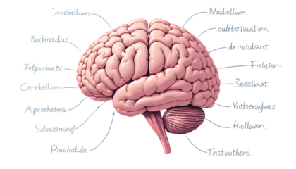 Anatomical illustration of the human brain with labels pointing to different regions and structures, isolated on transparent background