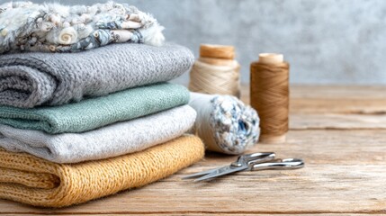 Stacked colorful knitted sweaters with sewing threads and scissors on wooden table
