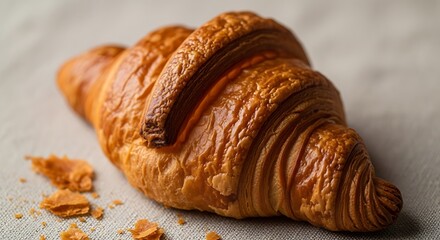 Golden brown croissant with flaky layers and crumbs