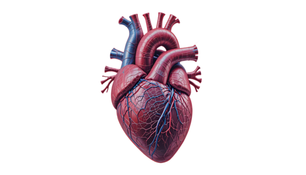 Realistic 3d rendering of a human heart, showing arteries and veins in blue and red, isolated on transparent background