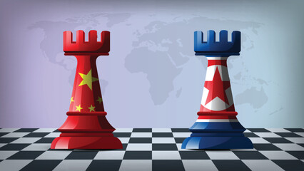 Two Standing Rooks Representing China vs North Korea with Flags on Bodies and World Map in Background