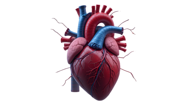 Detailed 3d visualization of the human heart, emphasizing its vascular network with red arteries and blue veins, isolated on transparent background